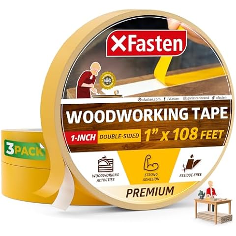 XFasten Double Sided Woodworking Tape 1 inch x 36 Yards 3-Pack 324ft 1-inch Core No Residue Woodworking Double Sided Tape Heavy Duty Wood-safe Wood Glue Tape for Router Templates for Woodworking Tools Cover
