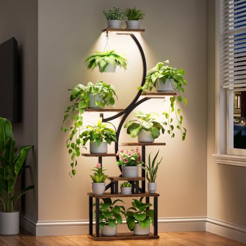 Image of Plant Stand with Grow Lights for Indoor Plants, 8-Tiered Tall Corner Plant Shelf with Full Spectrum Light, S-Shaped Space-Saving Narrow Flower Holder, Anti-Tip for Living Room Bedroom Office, Brown