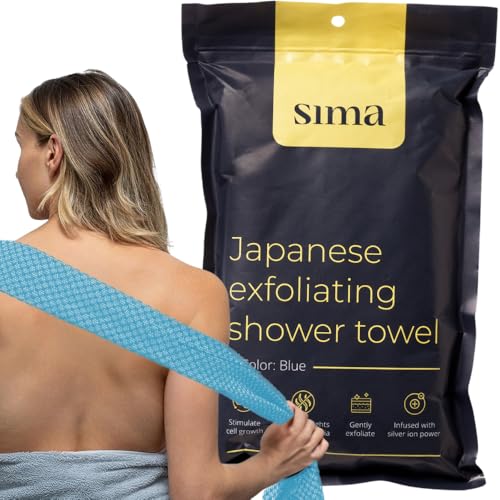 Exfoliating Washcloth Face & Body Scrub Towel - Japanese Exfoliating Towel with Hexagon Fibers, Body Scrubber with 2 Sides for Scrubbing & Washing, Extra Long Towels (Blue, 2 Pack)