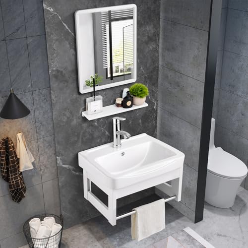 La Mejor Recopilación de Lavabos con borde del mes. 48 Lavabo para Baño con Mueble, MTQ Lavamanos para Baño 2-en-1 con Toallero de Acero Inoxidable, Lavabo de Cerámico, Espejos, Grifo, Tuberías de Entrada de Agua Fría y Caliente,...