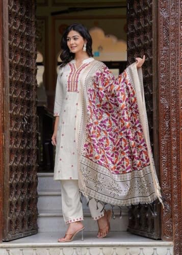 Image of Women's Cotton Embroidered Straight Kurti With Pant and Dupatta Set