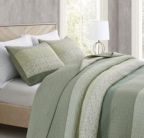 Chezmoi Collection Reed 3-Piece Chic Patchwork Striped Quilt Set - Green Floral Coverlet - Pre-Washed Cotton Lightweight Reversible Bedspread, King Size #TOP2