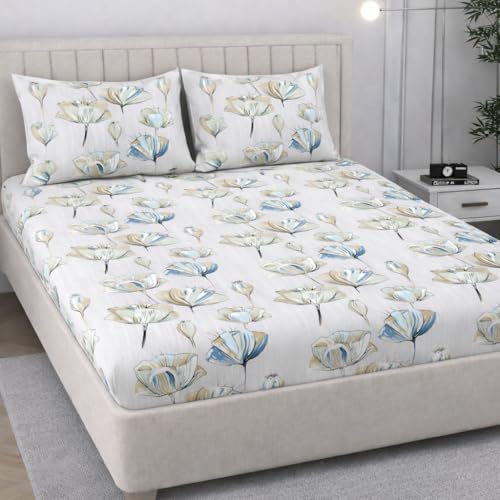 Image of Cotton Feel King Size Flat Bedsheet for Double Bed (90 x 100 Inches | 230 x 250 cm) with 2 Pillow Covers | Soft & Smooth Printed Bedsheet for Daily Use (White, King Bed-90x100)