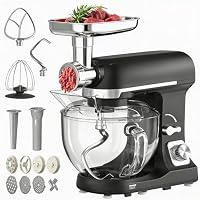 MoraRise Stand Mixer with Meat Grinder, 1400W Electric Kitchen Mixer for Baking, 5.5L Glass Bowl Food Mixer, Dough Mixer with 6 Speeds & Pulse, Includes Dough Hook, Whisk, Beater & Sausage Maker