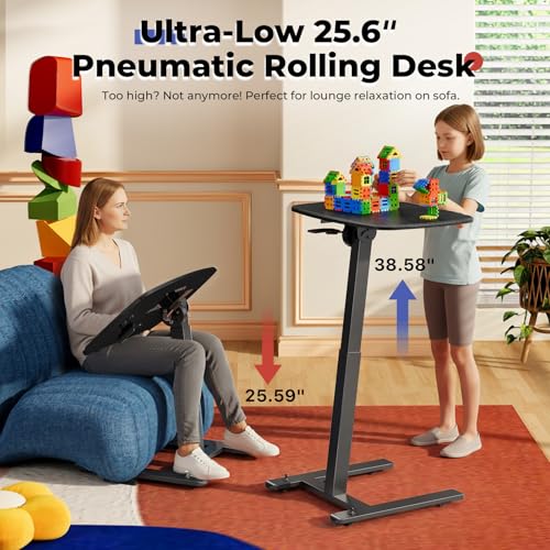 Image of JOY worker Low Height Small Mobile Standing Desk for Couch, Height Adjustable TV Tray Table with 90 Foldable MDF Desktop, Portable Laptop Desk with Low Base & Lockable Hidden Casters, Black