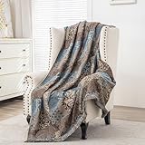 Loom and Mill Luxury Throw Blanket for Bed Sofa, Classic Damask Patchwork Bed Throws Soft Lightweight Velvet Fall Blankets with Fringes Trim for Couch Recliner Chair Home Decor (Blue, 52x72 Inches)
