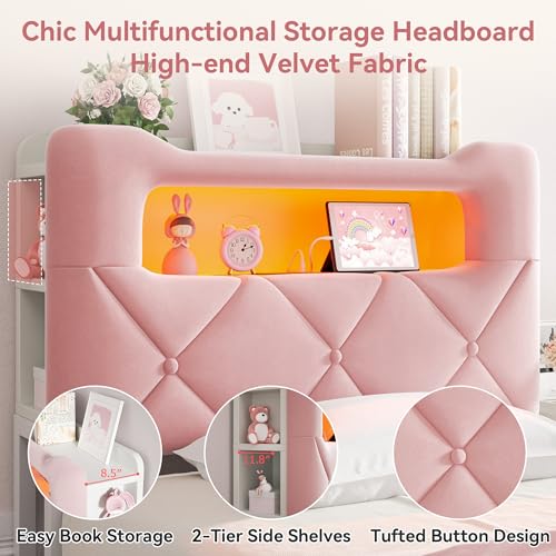 Image of Twin Upholstered LED Bed Frame with 2 Storage Drawers and 2-Tier Storage Bookcase Headboard, Velvet Princess Platform Bed for Kids /Girls /Boys, Heavy Duty Metal Support, No Box Spring Needed, Pink