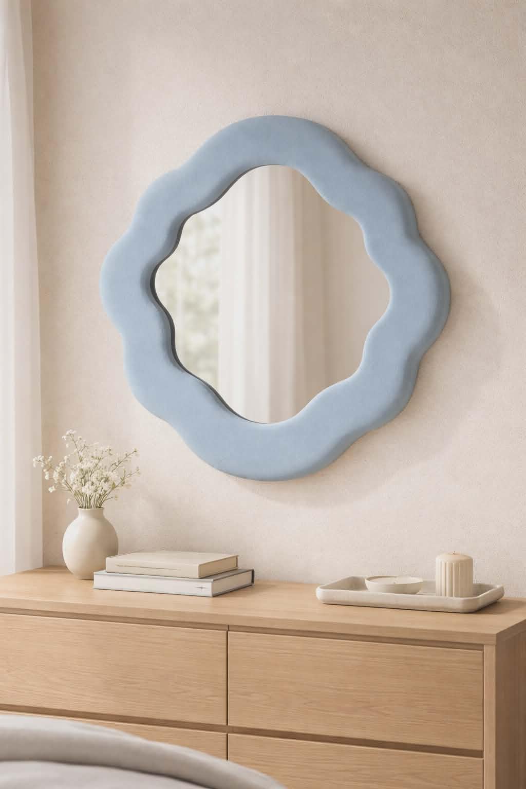 Soft Squiggly Velvet Wall Mirror, Cloud Blue, Wavy Frame Design, 28x24x2.3 cm