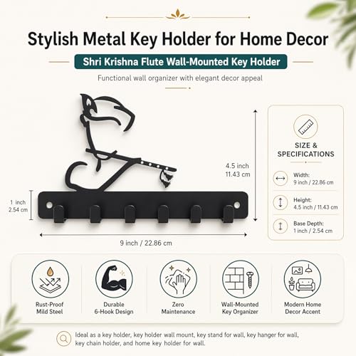 Image of Key Holder for Home, Metal Wall Mounted, 6 Hooks (Krishna Bansuri) | Cat Design, Includes Mounting Screws, For Home Use, 6 Hook Hanger, Metal Construction
