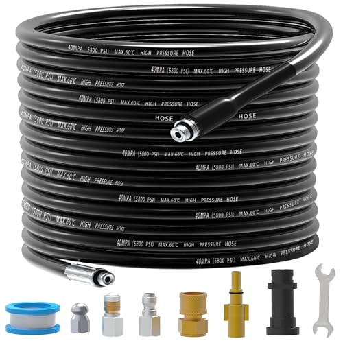 Set de limpieza de tuberías de desagüe de alta presión de 30 m con boquilla de chorro y boquilla giratoria para limpiadoras de alta presión Kärcher K2 – K7 y Lavor