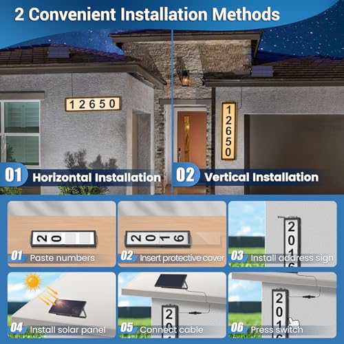 Solar Backlit Address Sign with Separate Solar Panel, IP65 Waterproof LED Lighted House Number Plaque with 3 Color Temperature, Horizontal & Vertical Mounted Sign for Visitor, 911, Mailman, Ubereats - Thumbnail 5