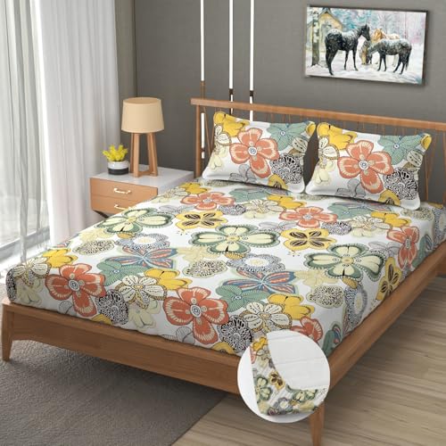 Image of Vram Premium Heavy Cotton Elastic Fitted Bedsheets with 2 King Size Pillow Covers || Double Bed with All Around Elastic 350 TC || 72 x 72 x 10 Inch King Size Fitted || :- Cream Big Flower