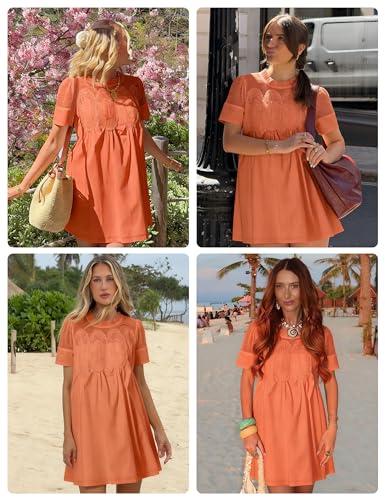 Image of Shiyifa Womens Babydoll Lace Patchwork Dresses Summer Short Sleeve Ruffle Sundress Loose Crew Neck A-Line Dresses