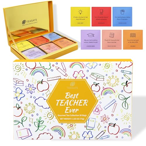 Teacher Appreciation Tea Gift Set, TEASAYS Best Teacher Ever Tea Collection, Tea Sampler Gift Set with Thank You Messages, 30 Premium Whole Leaf Tea Bags, Thoughtful Gift for Teachers and Educators