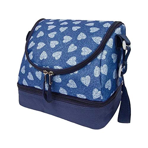 Lancheira Termica Juvenil 2 Aberturas Sestini Azul Coraçoes