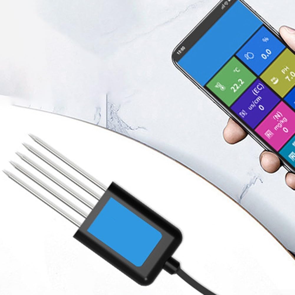 Tragbarer USB-Boden-Sensor-Tester für pH, NPK, Feuchtigkeit, Temperatur und Leitfähigkeit, IP68 Edelstahlsonde für Bauernhof, Landwirtschaft, Garten, Pflanzenpflege, Schwarz (D)