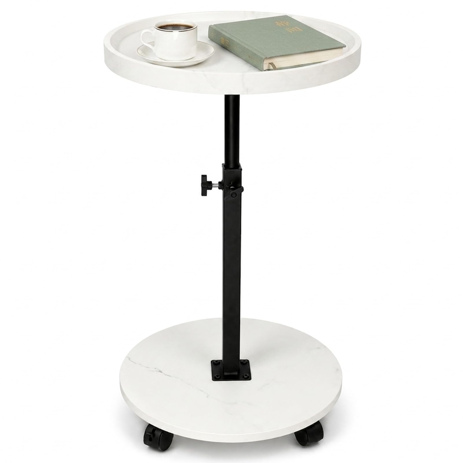 Tavolino da Divano Laterale Rotondo con Ruote, Regolabile in Altezza 45–80 cm, Girevole 360°, in Legno Finitura Noce, Tavolino Salvaspazio per Soggiorno e Camera da Letto, Ideale per Laptop