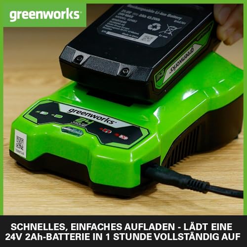 Greenworks 24V 2A Akku Ladegerät, für Greenworks 24V Batterien G24B2 & G24B4, Original Greenworks Ladegerät, Wandmontage + LED-Ladeindikator, Für alle 24V Akkus geeignet, 3 Jahre Garantie, G24C