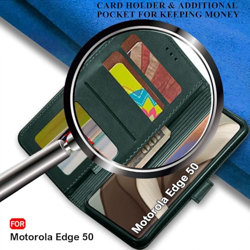 Image of TheGiftKart Flip Cover Back Case for Motorola Moto Edge 50 5G | Genuine Leather Finish | Designer Button | Inbuilt Pockets & Stand | Wallet Style Flip Case Cover for Moto Edge 50 (Faux Leather, Green)
