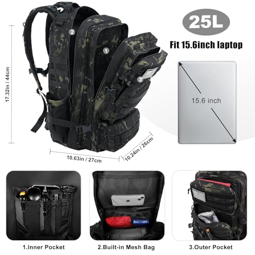 Image of Military Tactical Backpack 25L Day Backpack for Men Molle Army 3 Days Assault Pack Bug Out Bag Water Resistant and Heavy Duty Hiking Treeking Rucksack - Black Camo