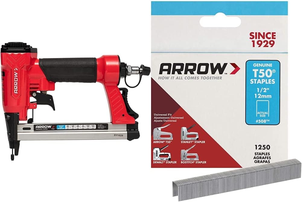Arrow PT50 Oil-Free Pneumatic Staple Gun, Professional Heavy-Duty Stapler & 508 Heavy Duty T50 1/2-Inch Staples for Upholstery, Construction, Furniture, Crafts, 1250-Pack