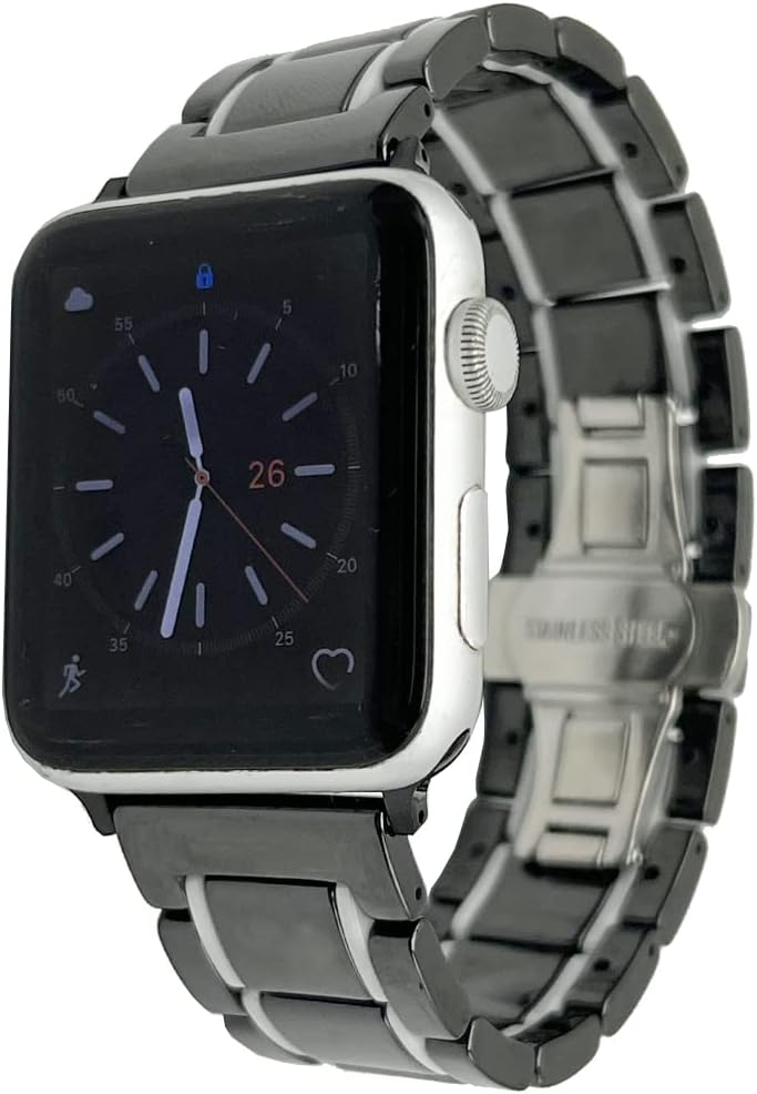 MeShow 49mm/45mm/44mm/42mm Two Tone Ceramics Stainless Steel Removable Link Strap Bracelet Watch Band with Stainless Steel Butterfly Buckle Clasp for iWatch Series 8/7/SE/6/5/4/3/2/1/ultra