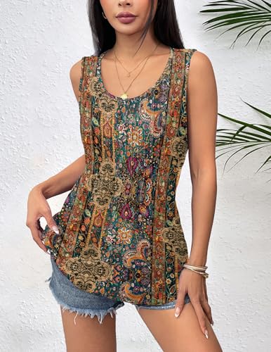 Zeagoo Women's Summer Tank Tops 2025 Pleated Crew Neck Floral Solid Loose Fit Casual Sleeveless Flowy Boho Tunic Shirts2
