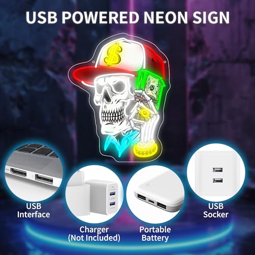 Image of Skull & Dollar Dreams LED Neon Sign USB Powered for Wall Decor, Horror Bones Neon Night Light Sign Dimmable for Boys Room Party Decor Halloween Birthday Gifts
