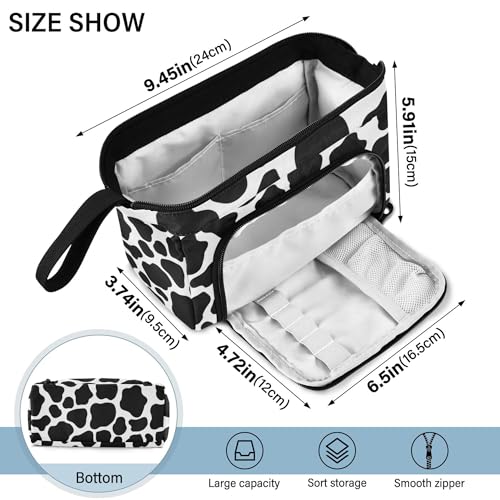 Image of Fisyme White Black Cow Print Pencil Case Large Capacity Pencil Pouch Pen Bags Box Big Makeup Pencil Case Organizer