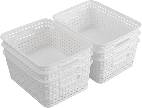 Miniatura 7 de Paquete de 6 cestas de plástico de almacenamiento blancas, cesta de tejido de plástico para organizar