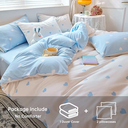 Image of BOLINLIVING Cute Duvet Cover Full Size, Reversible Light Blue & White Heart Print 3 Pieces Comforter Cover, Microfiber Bedding Set for All Season with Zipper Closure and Corner Ties