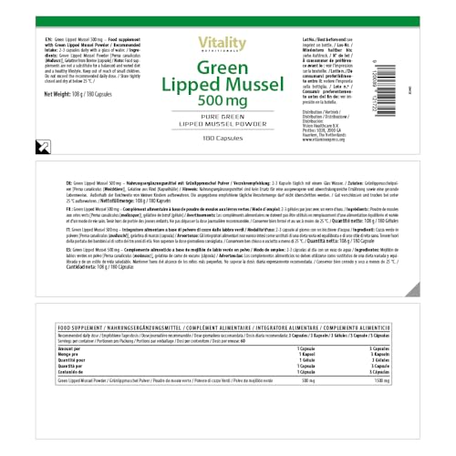 Grünlippmuschel Kapseln hochdosiert mit 1500 mg pro Tagesdosis (180 Stk) aus nachhaltiger Zucht Neuseeland, Glykosaminoglykanen, Omega 3, Gelenke Vitality Nutritionals by VitaminExpress