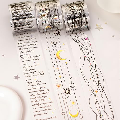 3 Rolls Starry Sky Poet PET Tape Stickers for Journaling Supplies Vintage Moon Star Aesthetic Washi Tape Stickers Transparent Wide Washi Tapes Scrapbook Washitape Decorative Tapes for DIY Collage