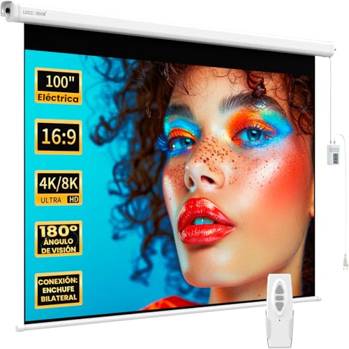 Pantalla de Proyector Eléctrica 100 Pulgadas 16:9 Luxscreen, Área Visible Blanca 221 x 124cm, Requiere un Espacio de instalación de 250cm, Instalación a Pared ó Techo, con Mando