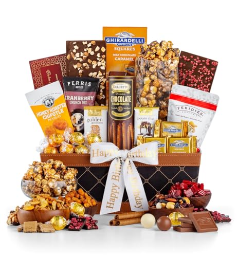 Happy Birthday Golden Gourmet Celebration Basket – Strawberry Licorice, Ghirardelli Caramel Squares, LINDOR Truffles, Sea Salt Almond & Raspberry Dark Chocolate Bars, and More