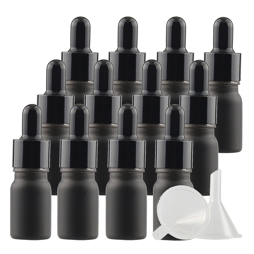 24 Pezzi Nero Opaco Bottiglie Contagocce Vetro 5 ml con Pipette Contagocce Vetro, anello a vite Nero, per Laboratorio,Olio Essenziale, Aromaterapia +4 imbuti