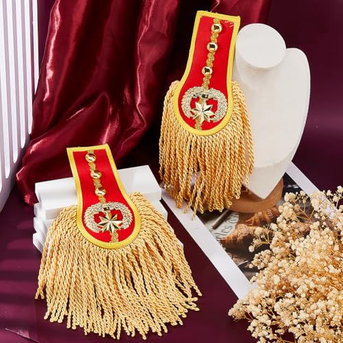 Image of SUPERFINDINGS 2PCS Tassel Shoulder Uniform Fringe Shoulder Red Epaulettes Brooch Pin with Gold Tassel Detachable Fringe Epaulettes Golden Link Chain Epaulet Punk Epaulette for Costume Decor, 28cm /11
