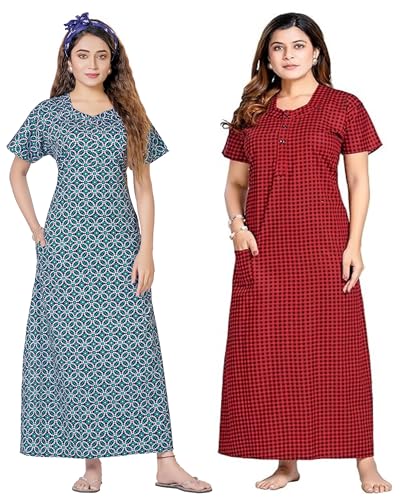 Image of Keyocean Women's Cotton Printed Nighty Night Gown Maxi Free Size (Pack of 2) Red & Blue