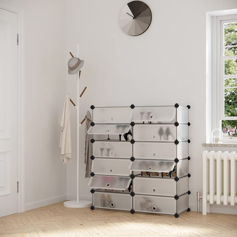 SONGMICS Schoenenrek kunststof, rechthoekig schappensysteem met 12 vakken, doe het zelf schroeflegbord, opbergrek, garderobe, schoenmaker, 40 x 30 x 17 cm per vak, metaaldraad, zwart LPC26HV1