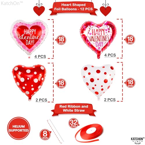 Image of KatchOn, Happy Valentine's Day Balloons Set - 12 Pack, Red, White & Pink Heart Shaped Foil Balloons, 18 Inch, Valentines Day Decorations