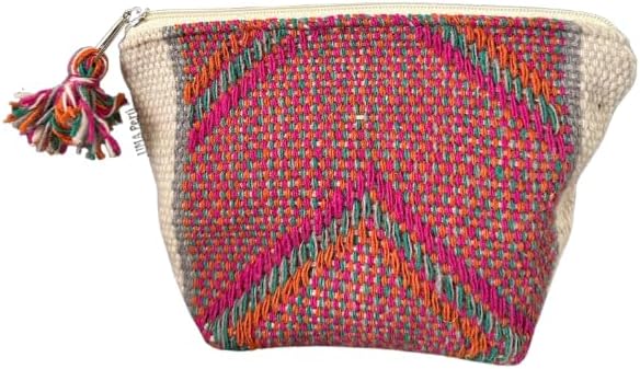 Handmade Makeup Pouches from Peru – Boho Chic Cosmetic Bag with Zipper, Cute Beauty Pouch for Purse Bag Organizer or Travel Essentials (Pyramid, White - Pink)