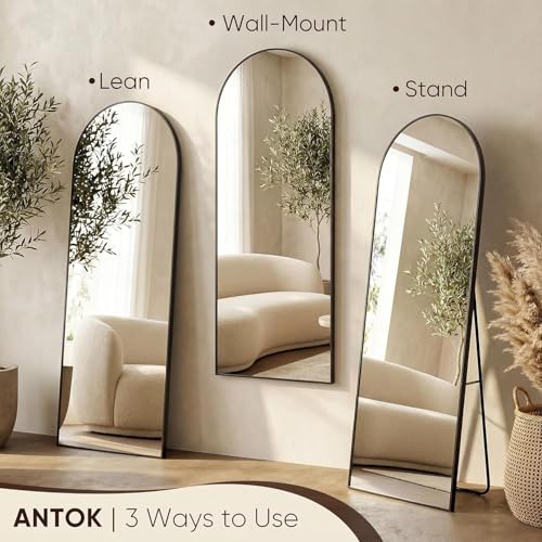 Image of Antok 82 inch x44 inch Arched Full Length Floor Mirror, Black Aluminum Frame, Free Standing /Wall Mount /Leaning for Bedroom, Living Room, Dressing Room