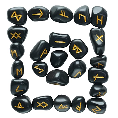 Crocon Black Tourmaline Tumble Shape Gemstone Rune with Elder Futhark Alphabet Engraved | 25 pcs Runes Set | Crystal Divination Healing Chakra Reiki | with a Pouch| Size : 15-20 mm Cover
