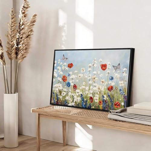 Image of Wildflower Field Framed Canvas Wall Art, 4th of July Red White Blue and Butterfly Canvas Prints, Rustic Landscape Patriotic Decorations, Independence Day Wall Decor for Bedroom Living Room 24x32