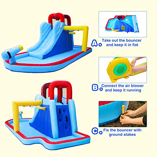 JOYLDIAS Inflatable Bounce House, Water Slide Bouncer Playhouse Castle w/Splash Pool, Climbing Wall, Basketball Hoop & Carry Bag, 480W Air Blower for Kids Backyard Indoor Outdoor Use, Free Water Gun - image 5