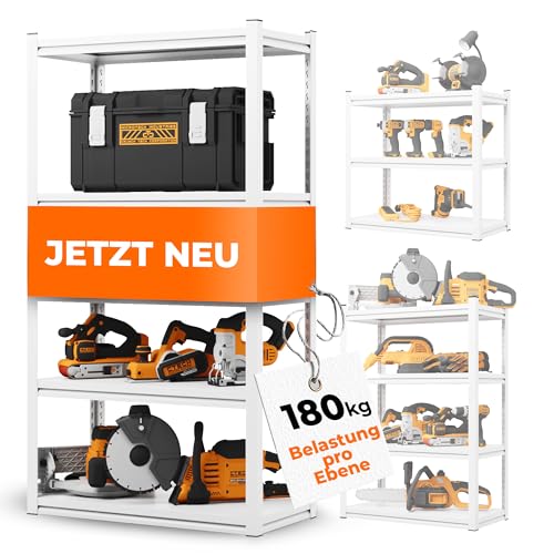 STEELmania Schwerlastregal - Leichter, schneller Aufbau [Ultra stabil] Metallregal weiß mit fünf Ebenen - Vorratsregal Lagerregal Kellerregal I Jetzt Regal wählen 160x86x45