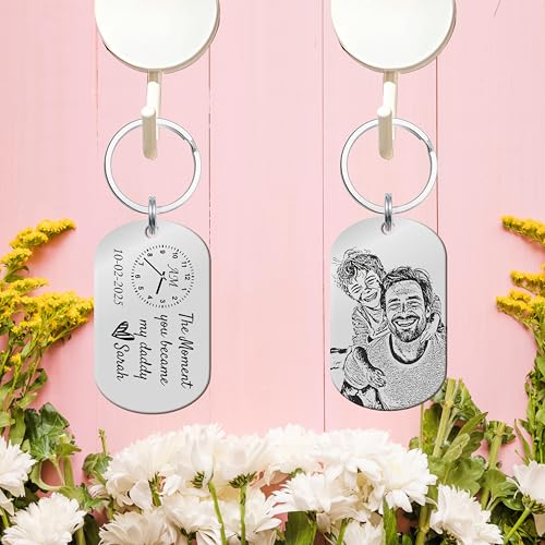 Image of Father's Day Gifts, Dad Birthday Gifts from Daughter Personalised Daddy Photo Keyring - The Moment You Became My Daddy | Personalised New Born Baby Gift