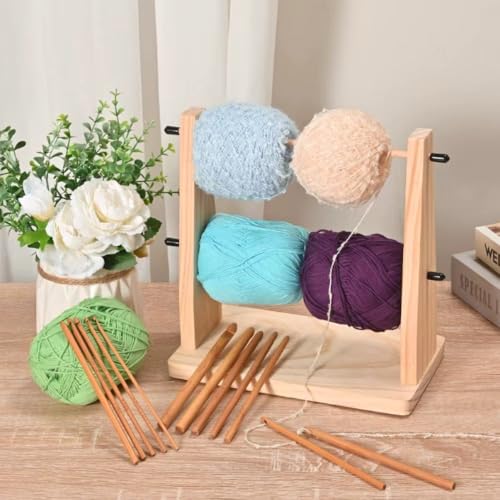 Image of Yarn Ball Holder, Double Layer Yarn Spindle Dispenser, Horizontal Wooden Ribbon Rack for Crocheting & Knitting