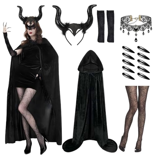 Yi'antai 17 Piezas Disfraz de Diablo para Mujer Set, Disfraz de Halloween para Mujer, Maléfica disfraz Diablo, mujer diablo Capa Cuernos Collar Gótico, Capa Negra Capucha con Uñas Strümpfe (L-140cm)