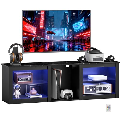 HOMCOM Meuble TV LED RGB Meuble télé Bois Banc TV jusqu'à 65 Pouces avec étagères en Verre réglables, 5 niches, Passe-câbles et télécommande pour Salon, Chambre...